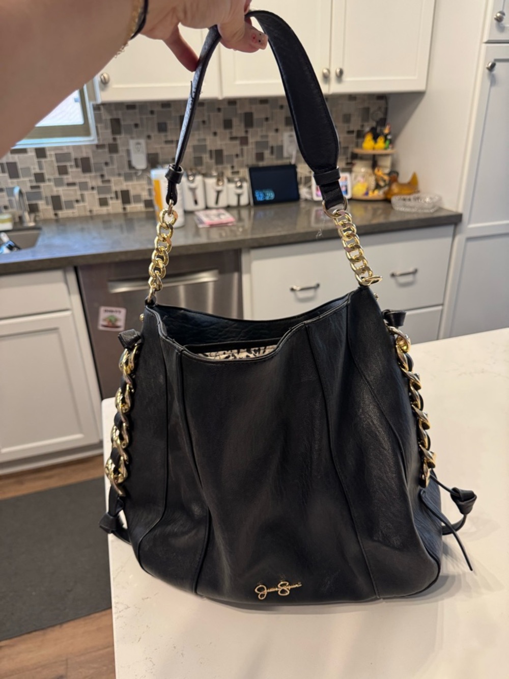 Jessica Simpson Black Leather Shoulder Bag with Gold Chain Accents